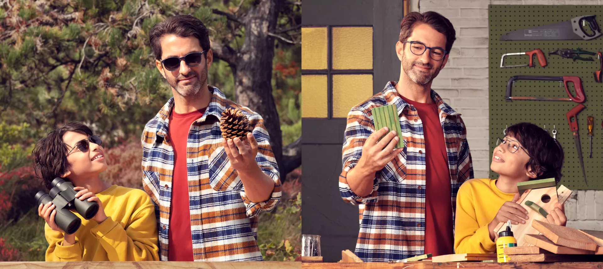 Two-pane image showing a man and boy engaged in outdoor activities. Left pane: The boy holds binoculars and looks up at the man who is showing a pine cone. Right pane: Indoors, the boy looks at the man while holding a wooden birdhouse, with a wall of hanging tools in the background. Both are smiling and wearing casual attire.